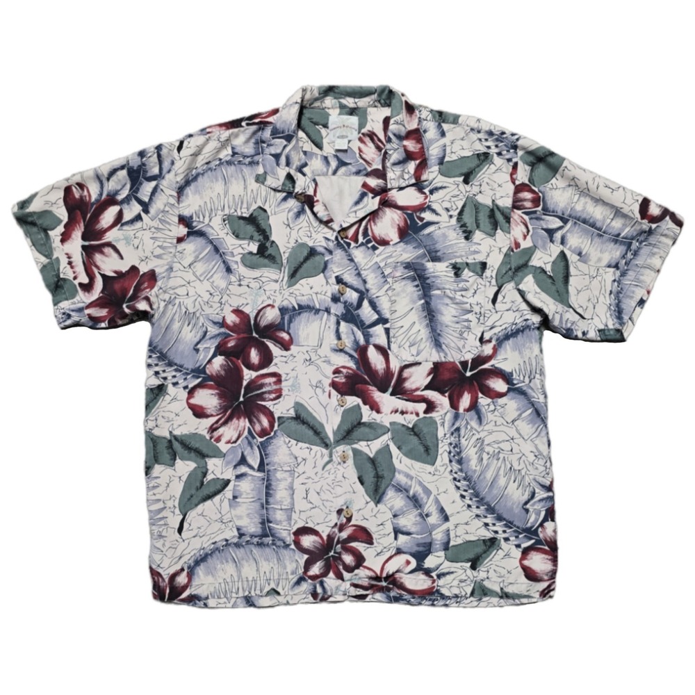 VTG Tommy Bahama Relax 100% Silk Camp Shirt Red‎ White Blue Green Floral Mens L